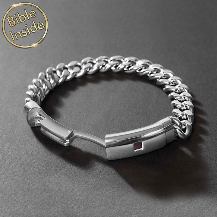 Minimalist Christian jewelry men wear daily - bracelet with scripture chip