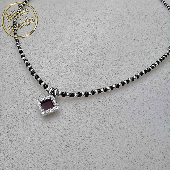 Sterling silver Christian necklace with polished onyx stone
