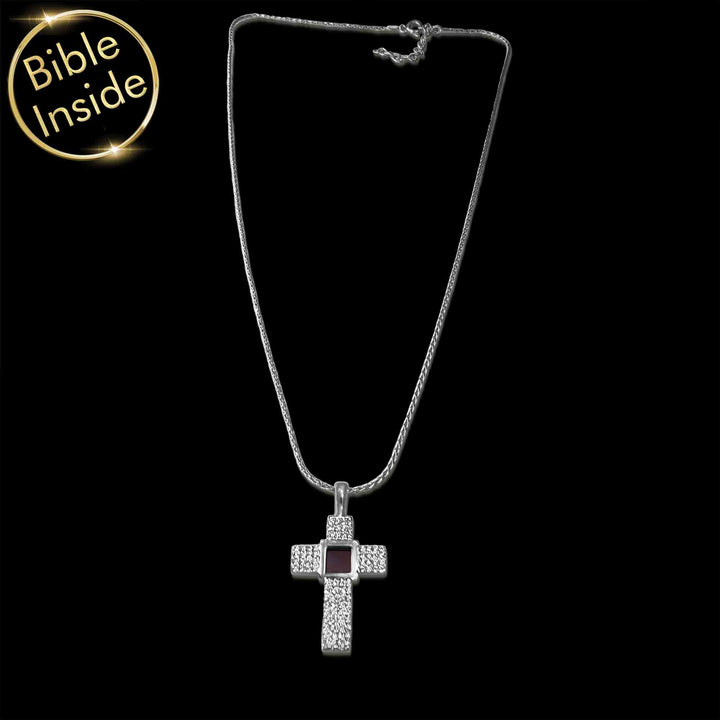 Christian jewelry necklace with miniature Bible inside cross pendant
