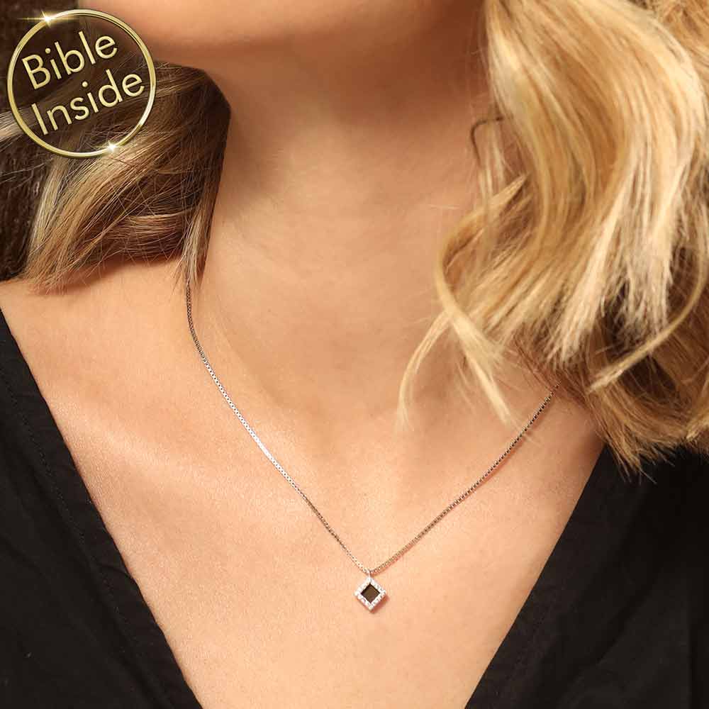 Women Christian jewelry rhombus necklace with nano Bible engraving