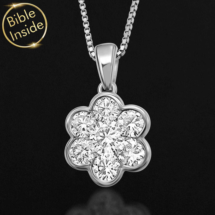 Christian pendant featuring diamond flower and miniature Bible chip