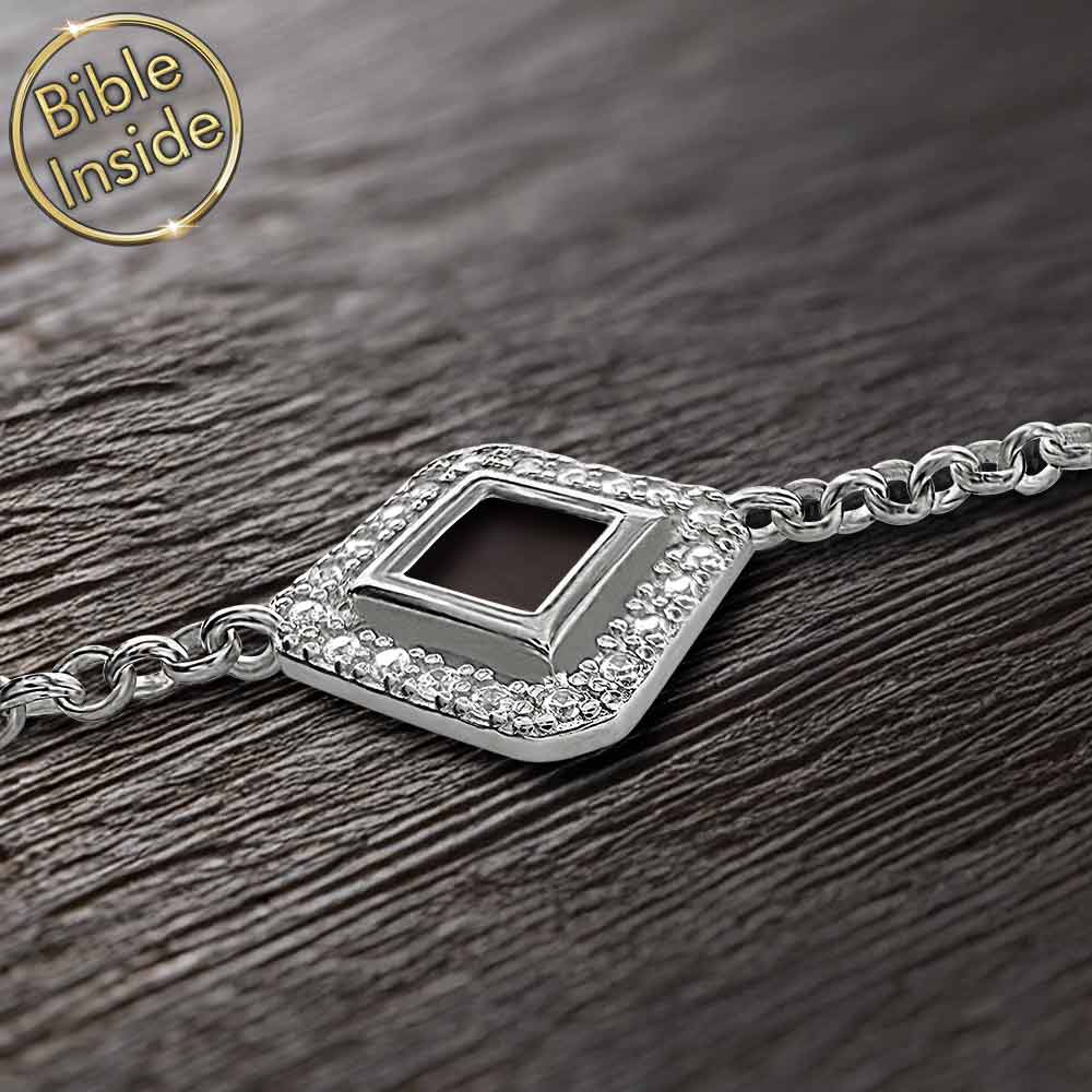 Silver Christians jewelry bracelet featuring nano Bible chip technology