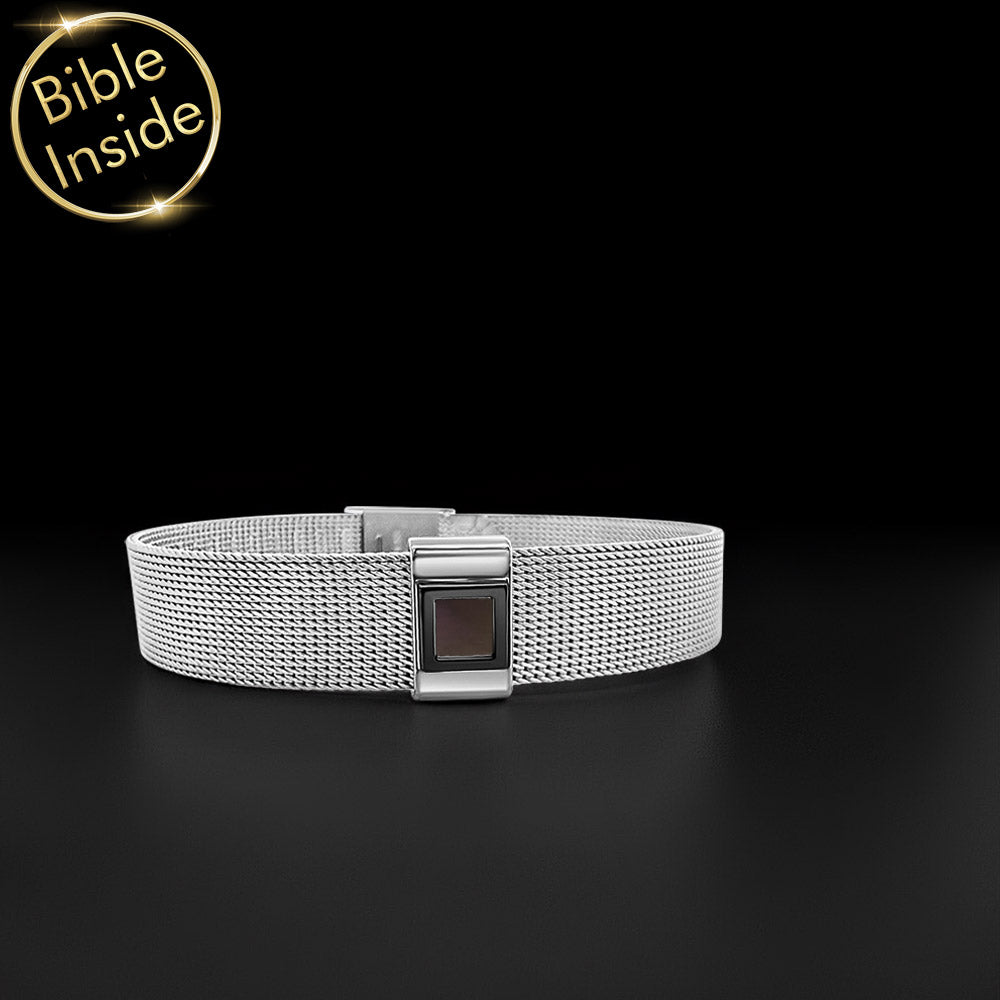Masculine faith bracelet with miniature Bible technology