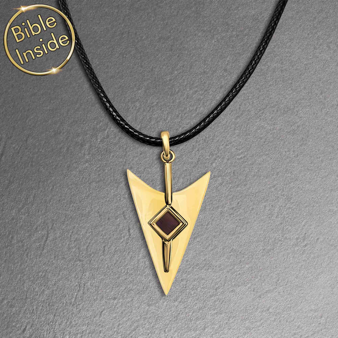 Men's Christian necklace with minimalist arrow design and Nano Bible