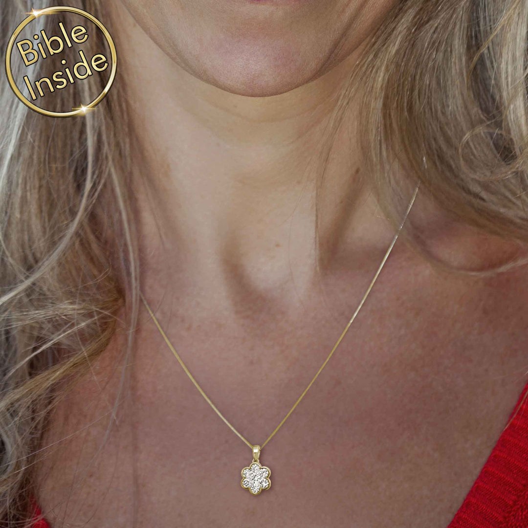 Christian charm necklace for women with diamond flower pendant
