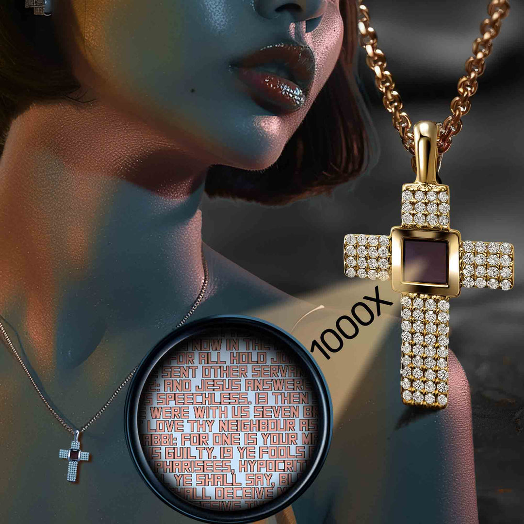 Aurora cross Christian jewelry with miniature Bible – My Nano Jewelry
