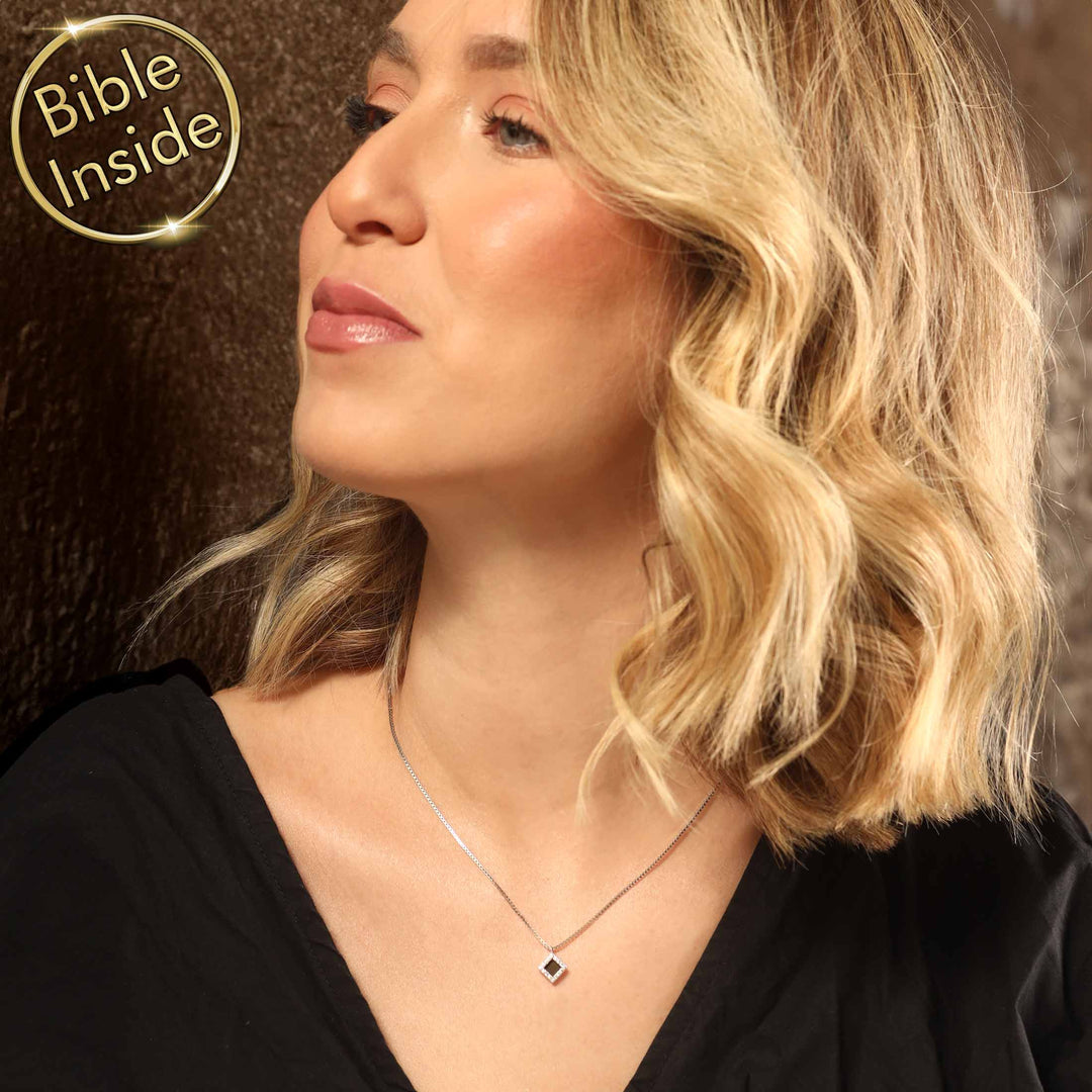 Women's unique Christian jewelry necklace with brilliant CZ stones and Bible chip minimalist design faith expression daily wear elegant