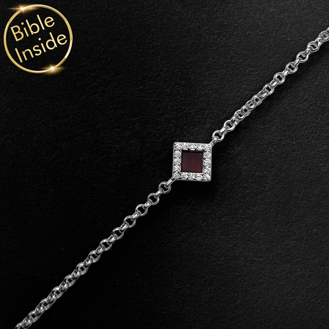 White gold jewelry for her with diamond-like CZ stones and micro Bible chip