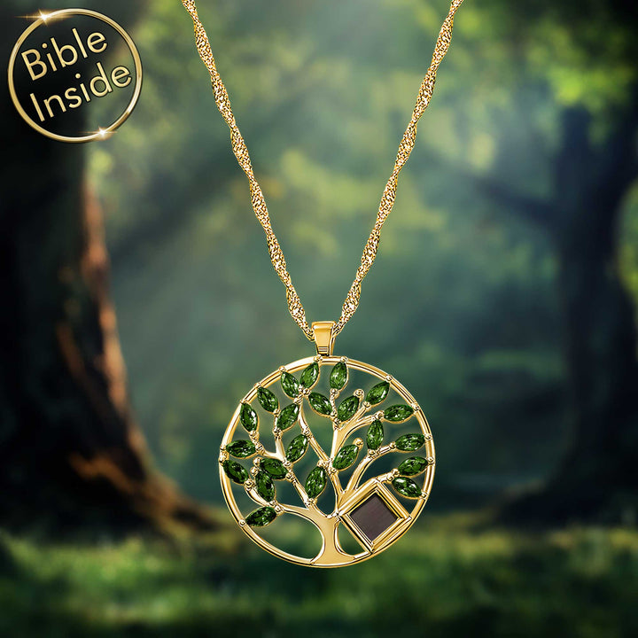 Christian Christmas gift for wife - 14k gold Tree of Life necklace with Biblical text
