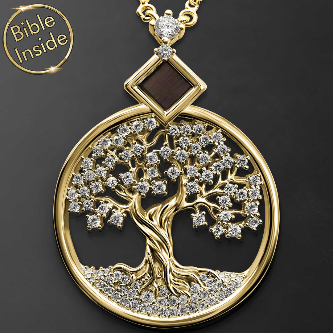 Holy Bible pendant necklace with tree of life symbol for women
