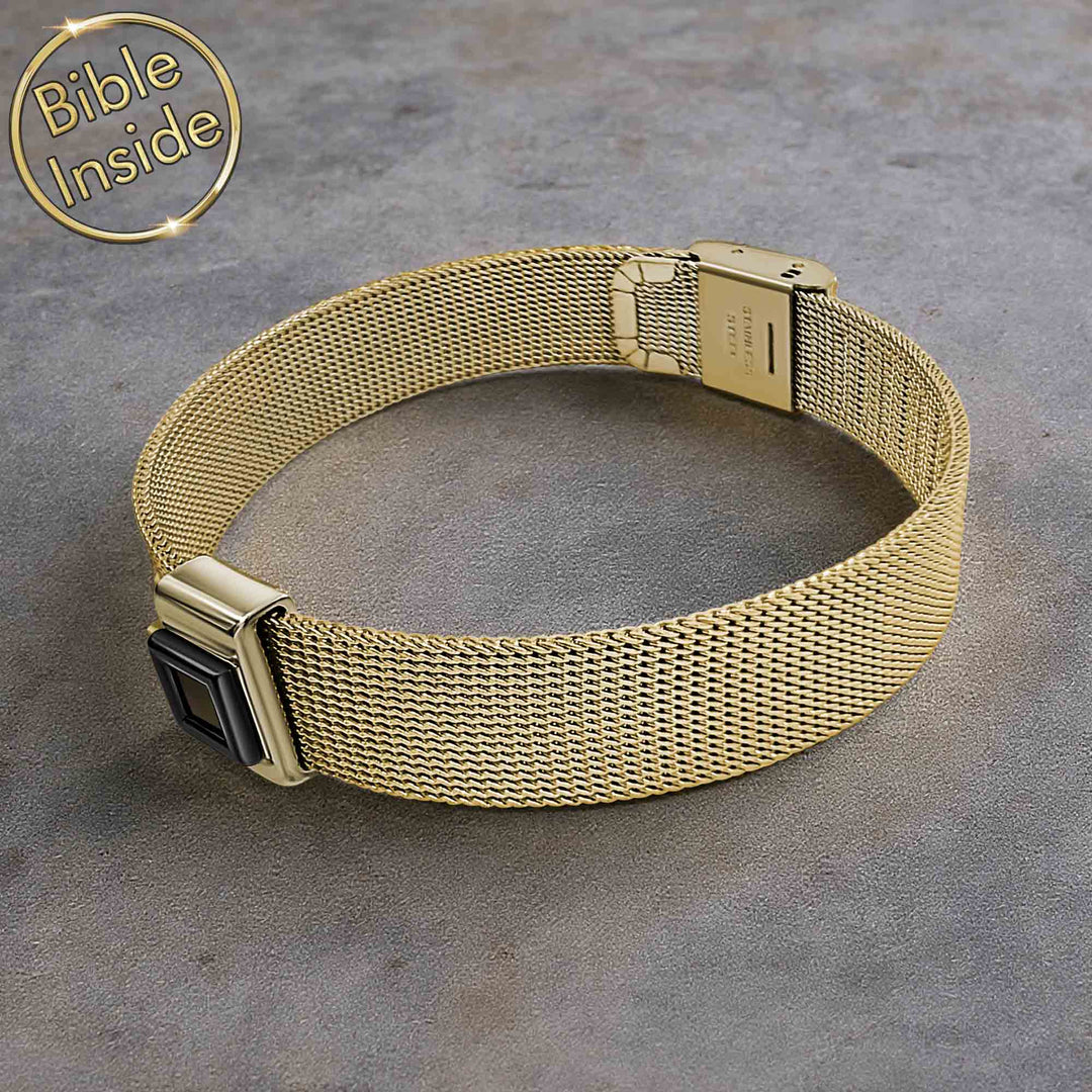 Modern Christian jewelry bracelet featuring square design and Scripture