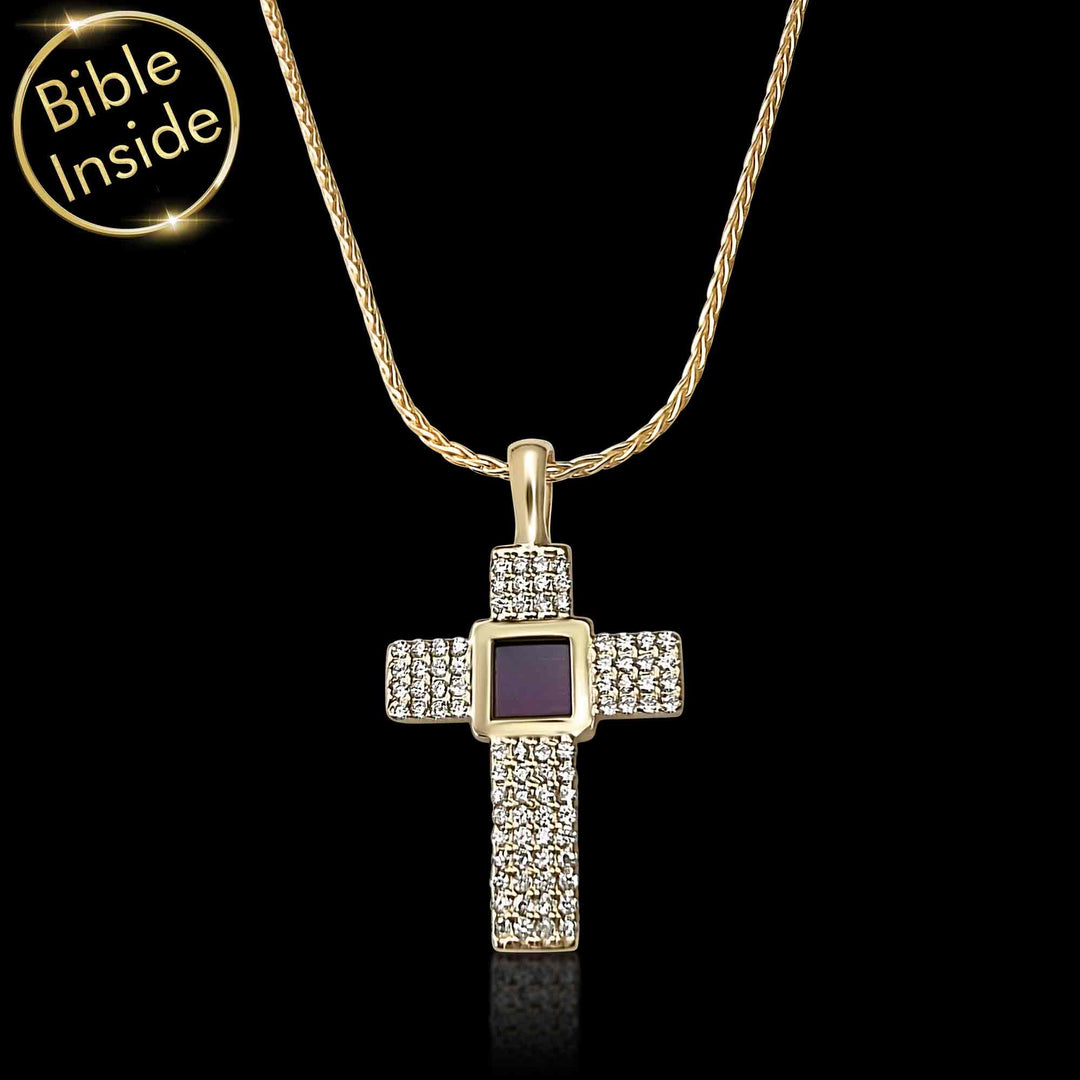 Real gold jewelry for women featuring Aurora cross and scripture inside
