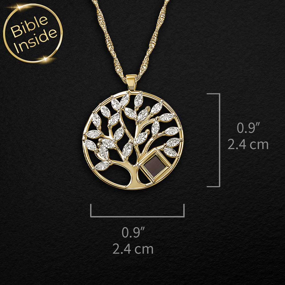 Women's gold tree necklace with CZ stones and Biblical scripture