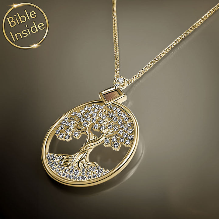 Tree of life jewelry in gold featuring nano Bible technology - unique design