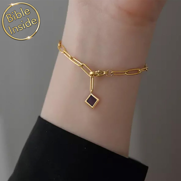 Valentines presents rhombus bracelet with nano Bible chip in gold finish