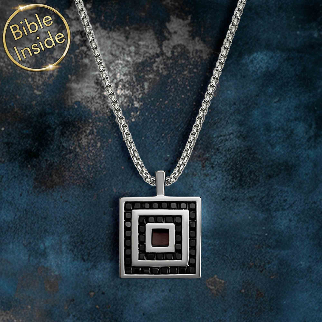 Men's square pendant necklace featuring New Testament microchip Bible