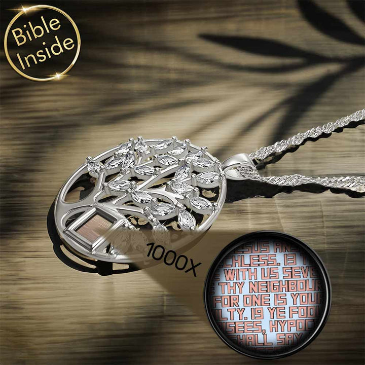 Women's silver jewelry for Christians – tree of life design with nano Bible chip inside