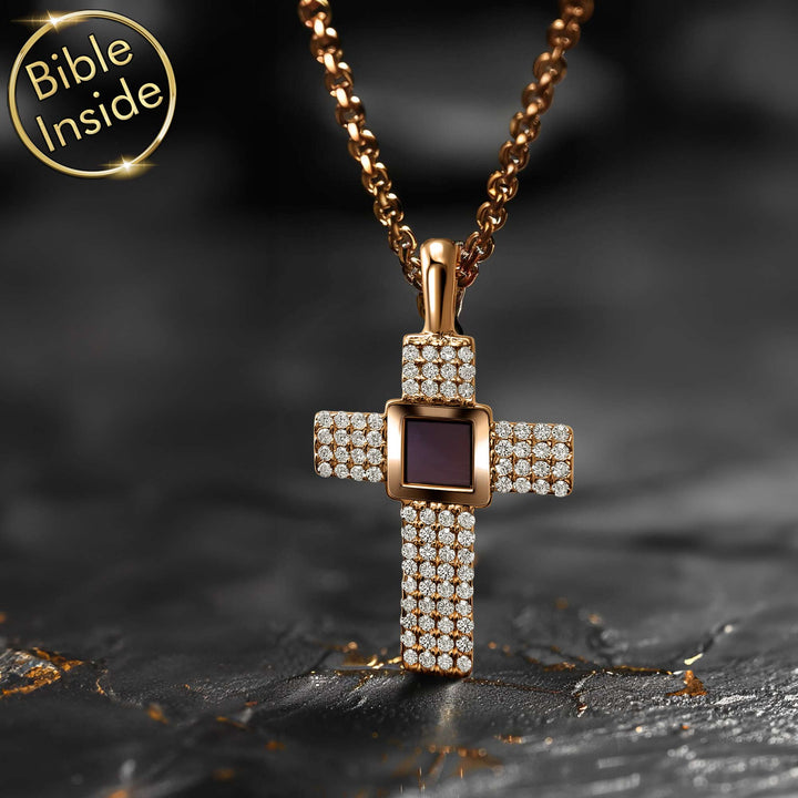 Handmade Christian jewelry Aurora cross with miniature Bible technology
