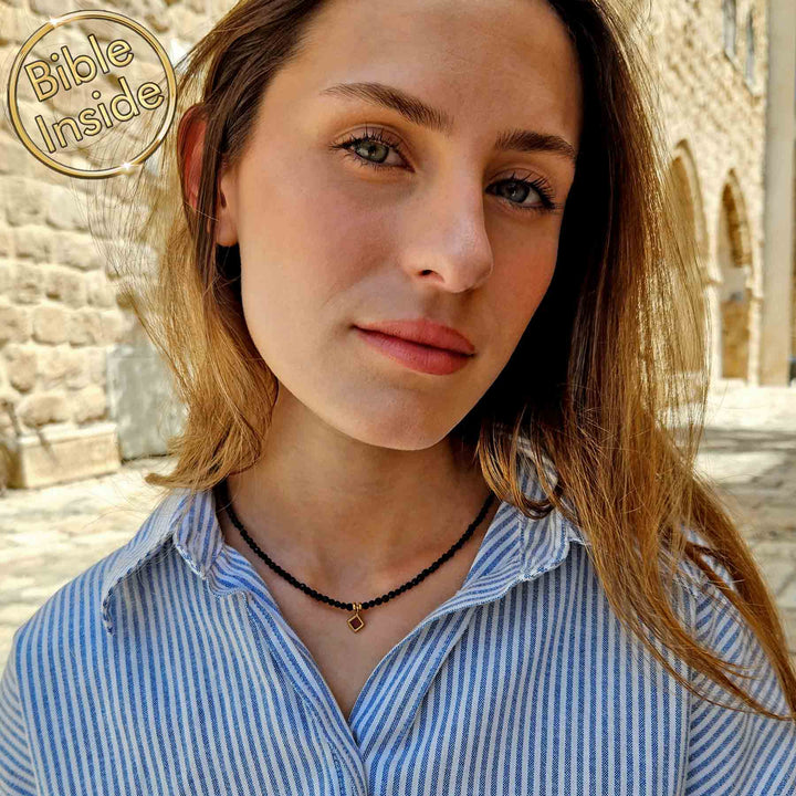 Biblical jewelry rhombus pendant with micro Bible chip inside