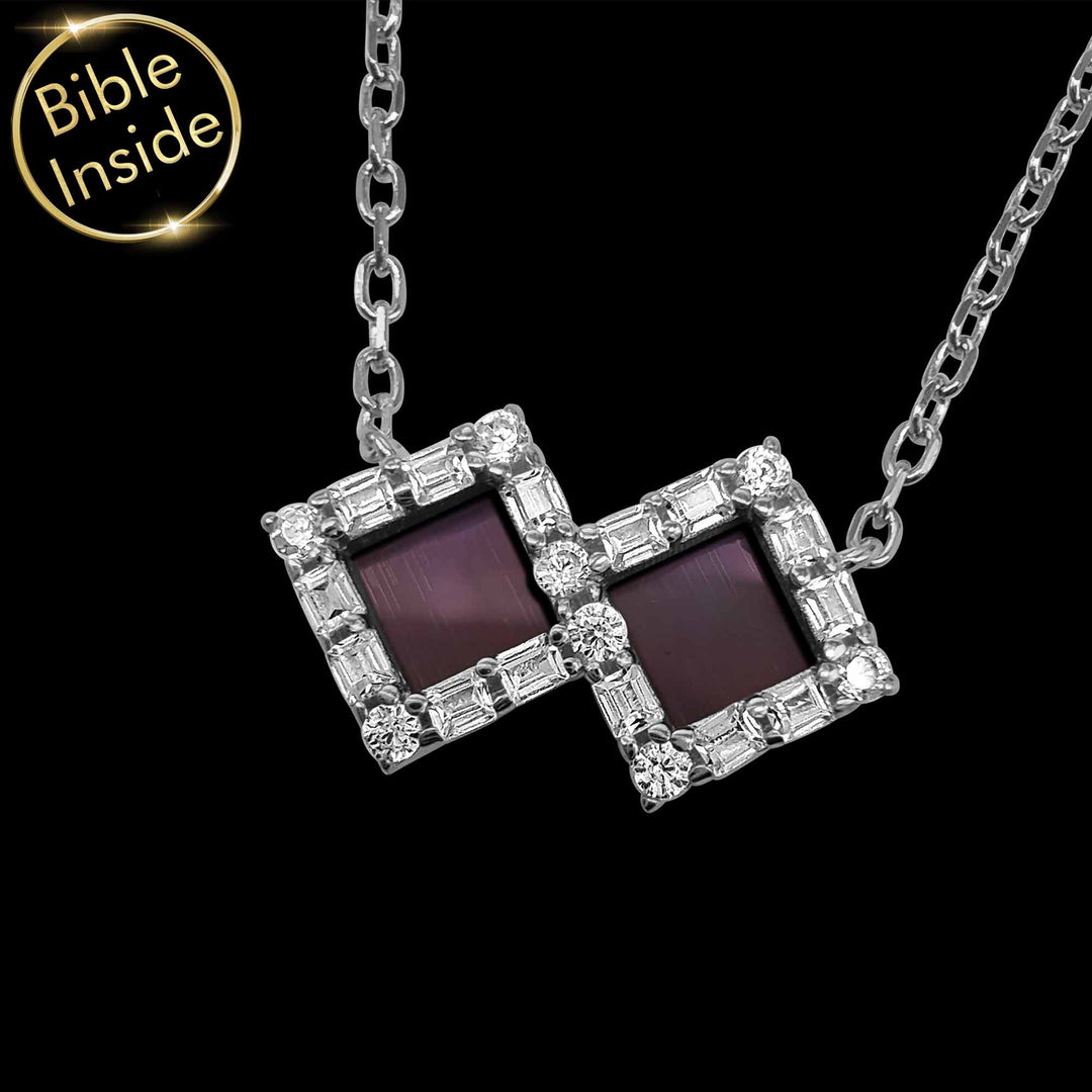 Silver Bible verse on jewelry with geometric square design for women