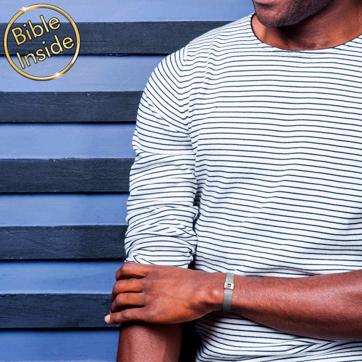 Christian jewelry for men featuring New Testament microchip in contemporary silver bracelet
