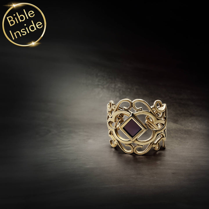 Tiny Bible ring in 14K gold with nano scripture chip - elegant Christian jewelry