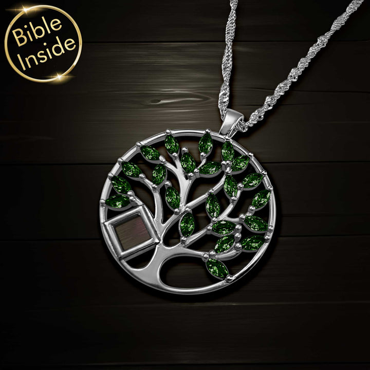 Mini Bible Tree of Life pendant - silver jewelry with New Testament scripture