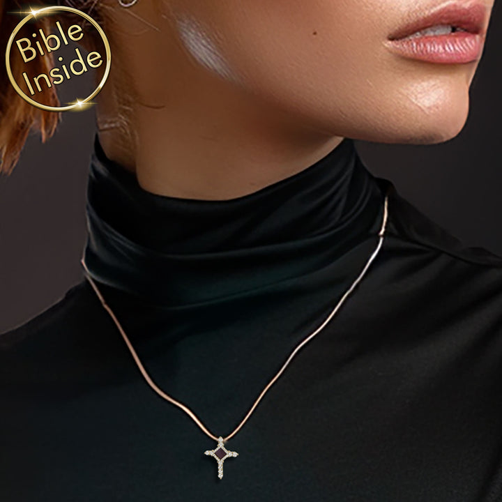Nano Bible chip cross necklace in gold – minimalist faith design

