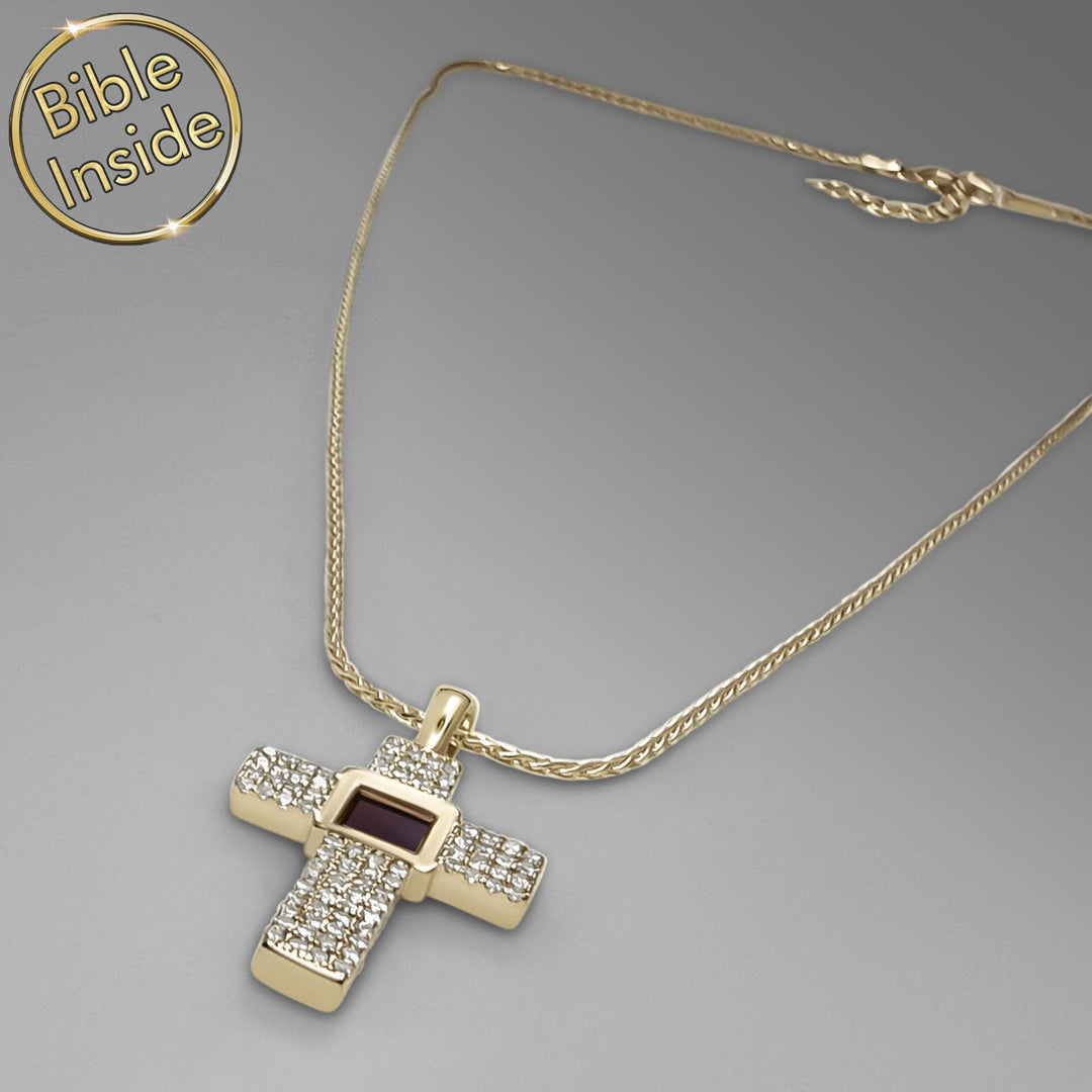 Best jewelry for Christians featuring Aurora cross and micro Bible chip

