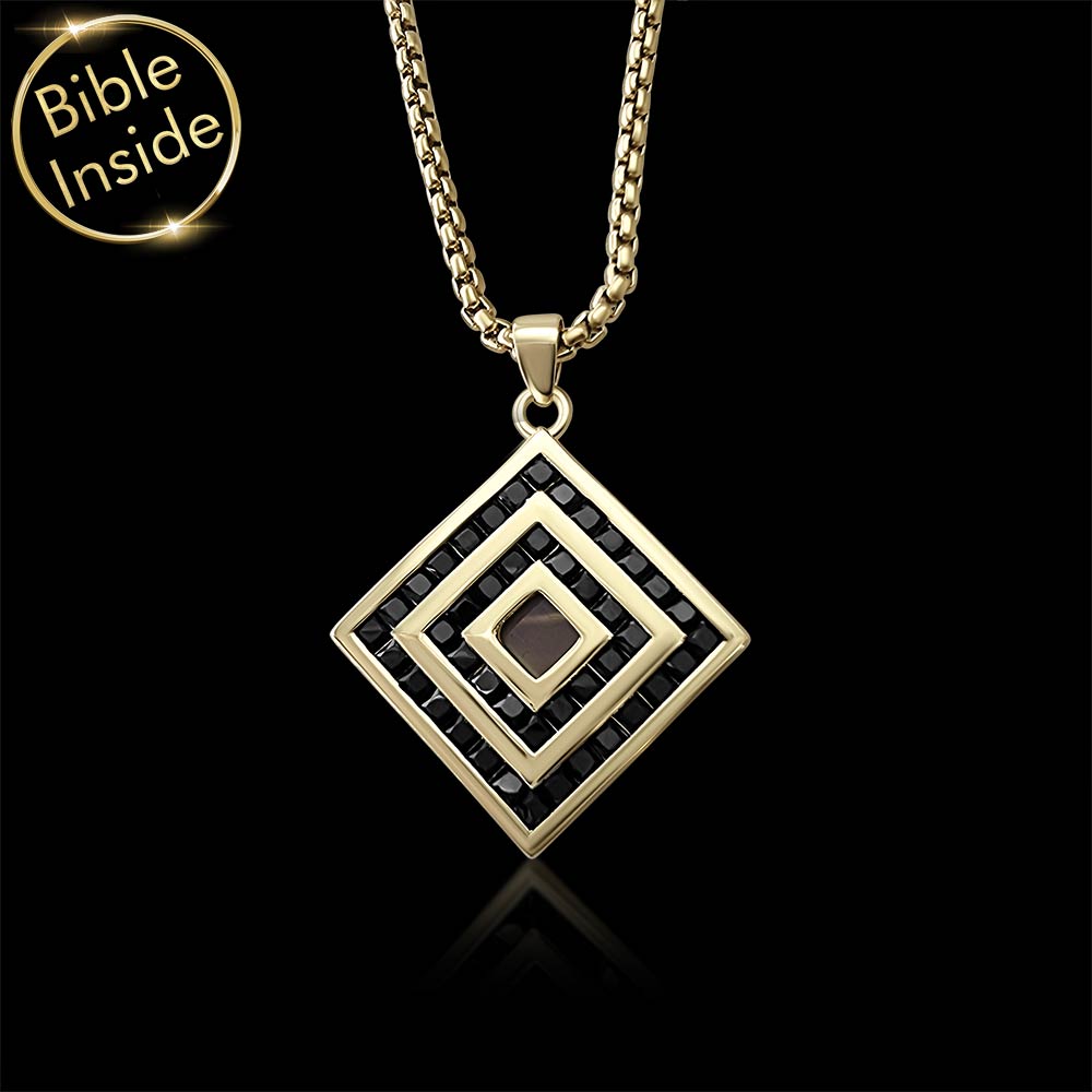 Gold square necklace Bible gift with scripture technology