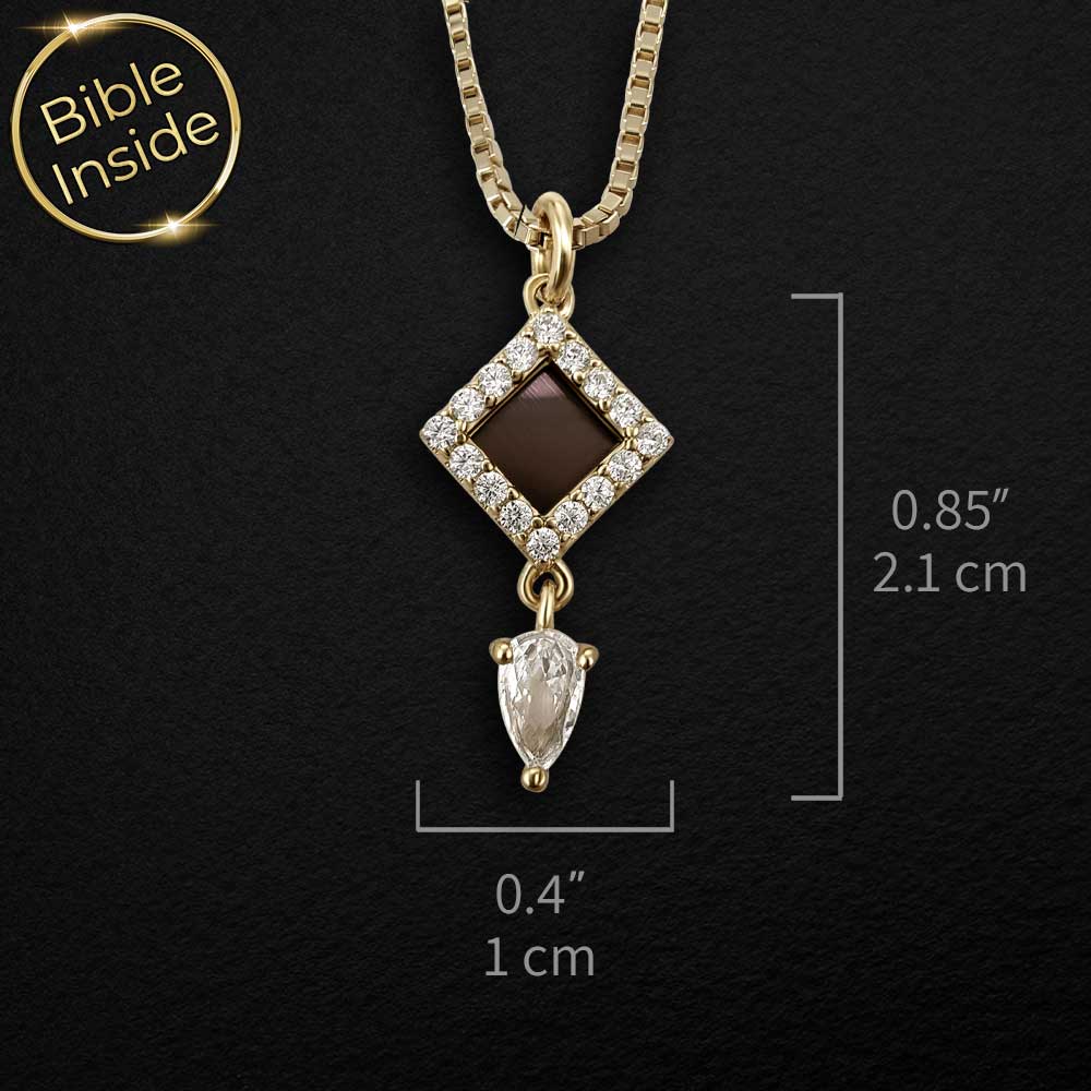 Biblical jewelry featuring nano Bible chip in stylish rhombus pendant
