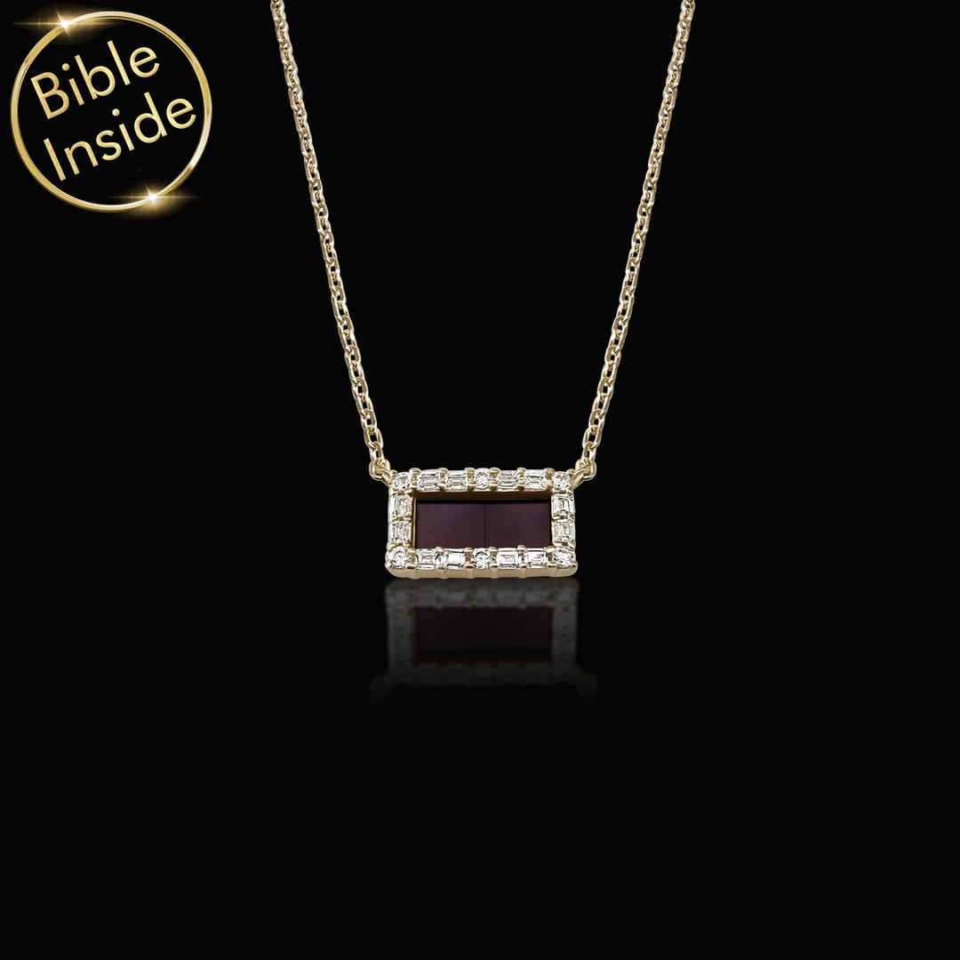 Women's Bible verse jewelry with CZ stones and microscopic scripture in gold rectangular pendant