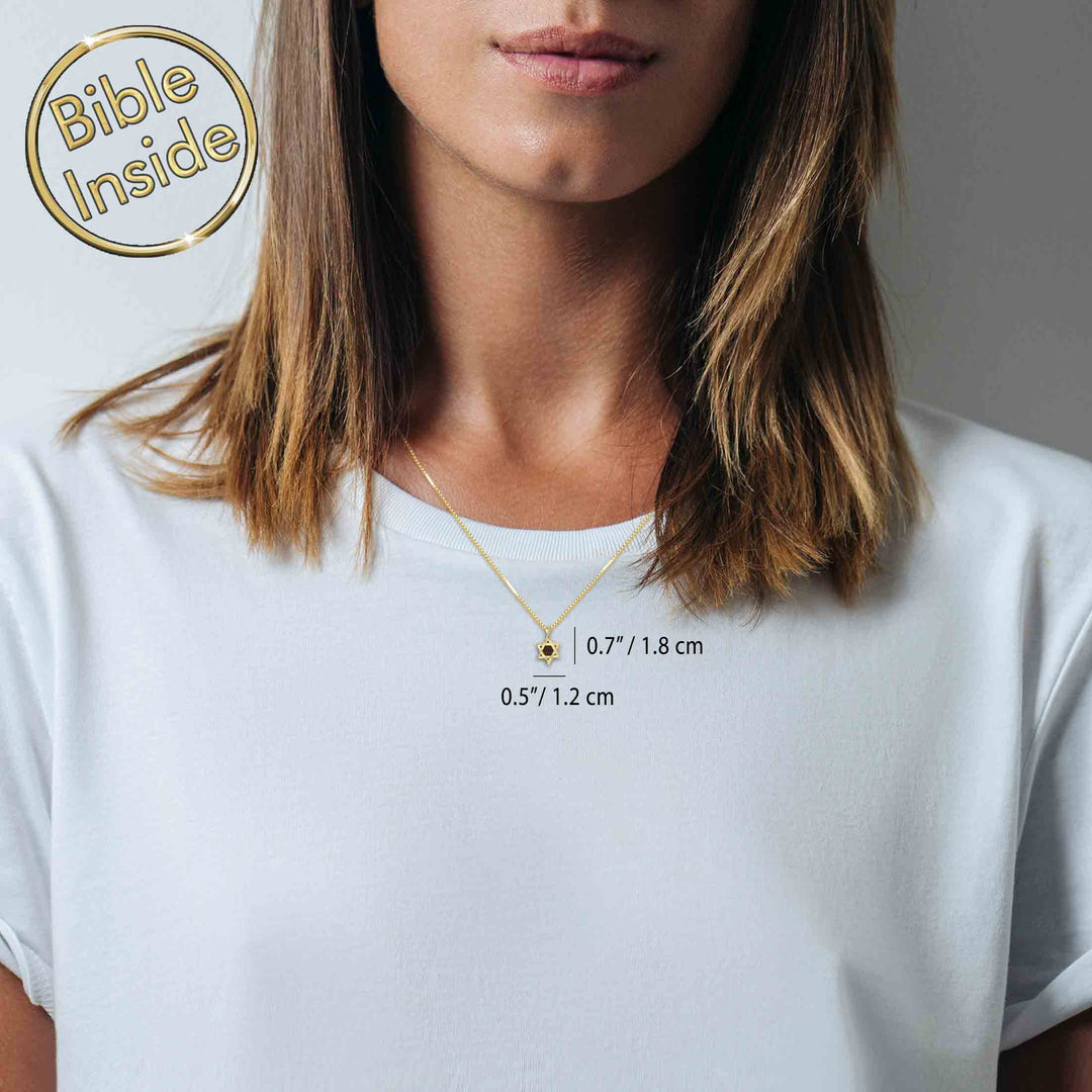 Gold star of david necklace with miniature Bible – modern religious accessory