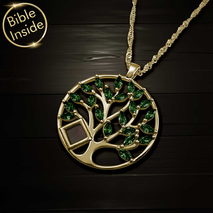 14k gold tree of life necklace with embedded scripture chip
