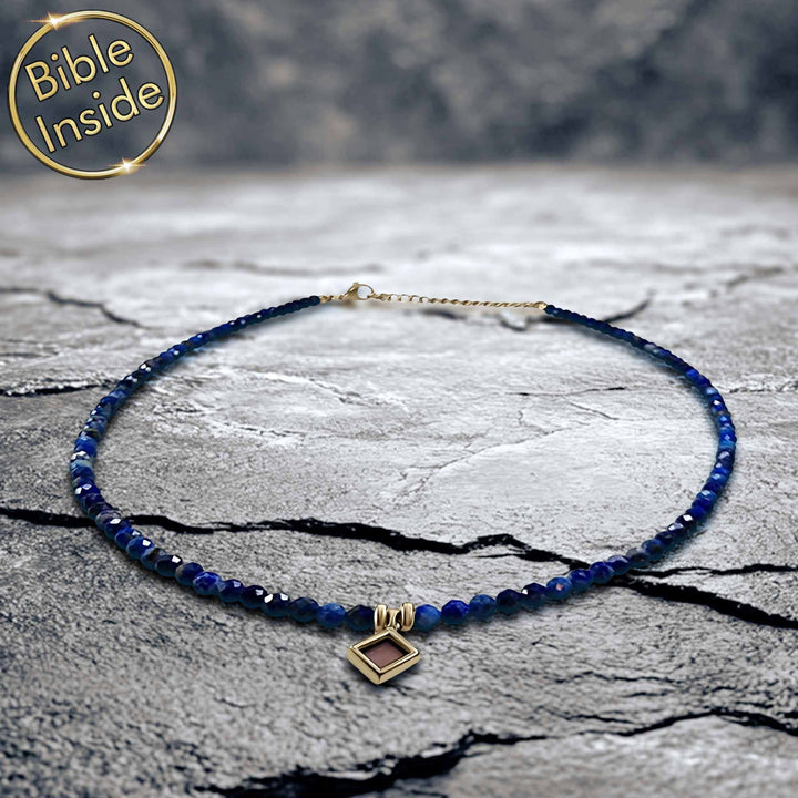Biblical necklace with lapis and nano Bible chip – minimalist design