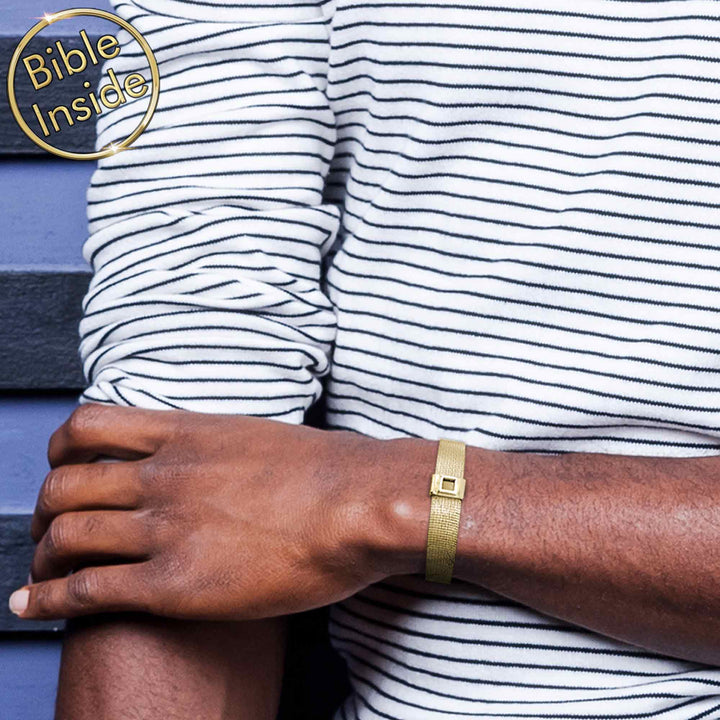 Square gold bracelet with Scripture chip – unique jewelry for men of faith