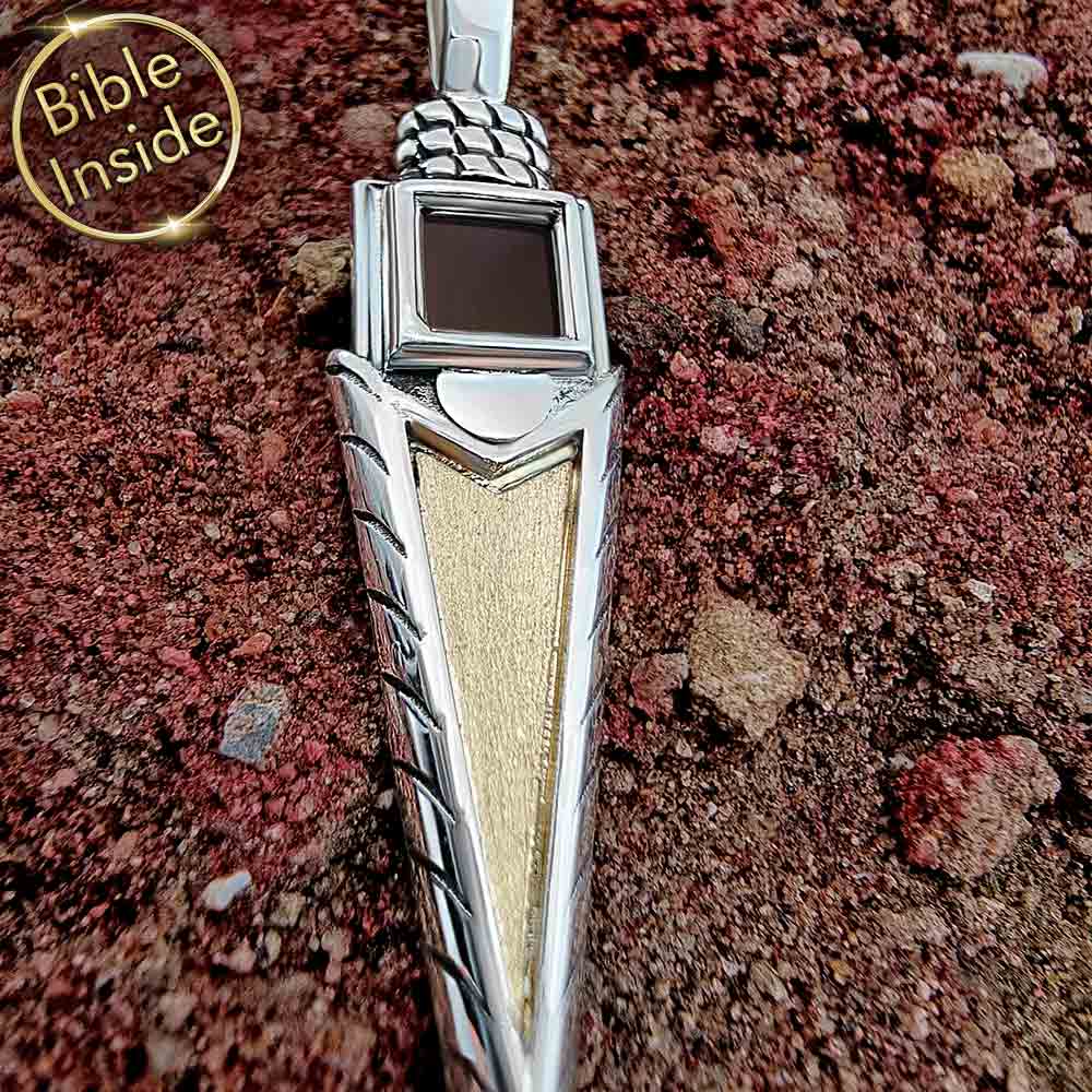 Tiny Bible necklace with sleek arrow design for believers