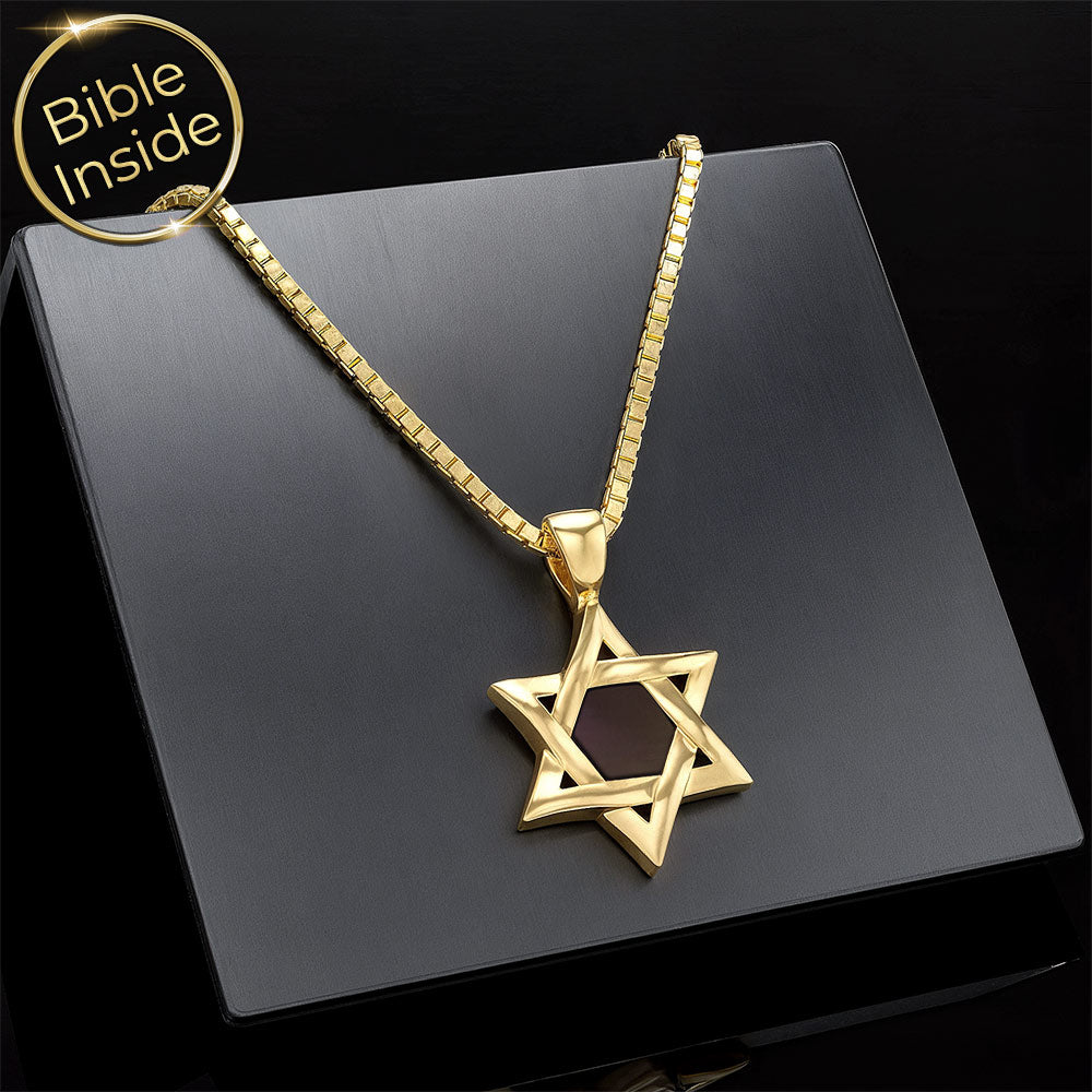 Polished gold jewish star necklace with micro Testament chip