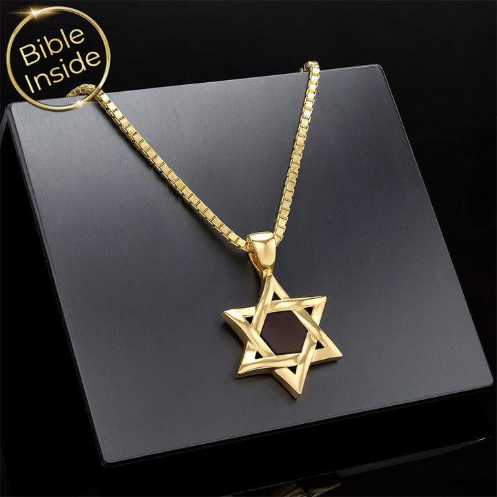 Polished gold jewish star necklace with micro Testament chip