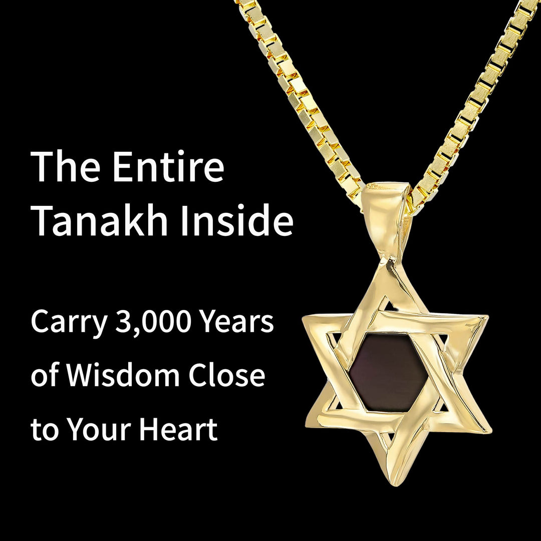 Jewish star necklace in gold featuring New Testament microchip Bible