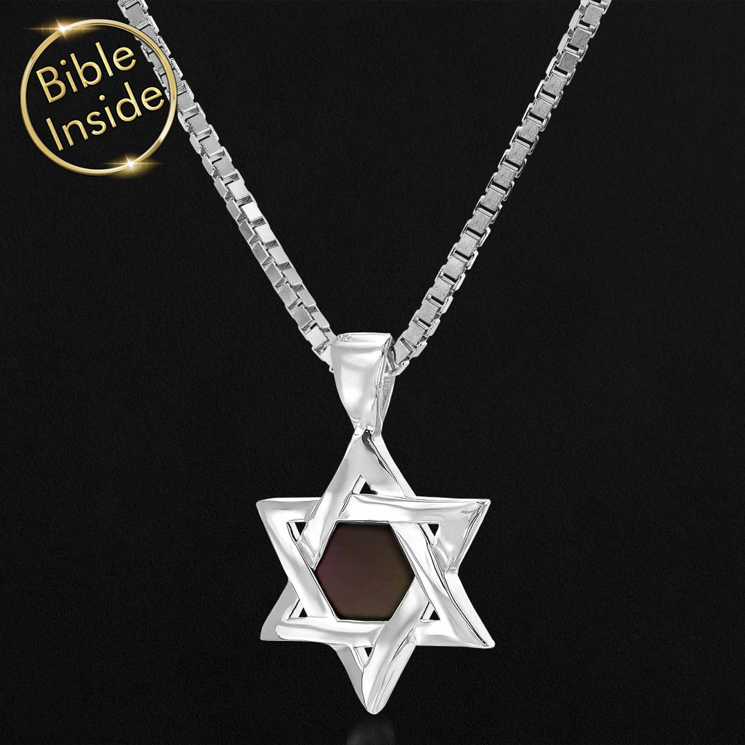 Silver star of david necklace with miniature Bible – modern religious accessory