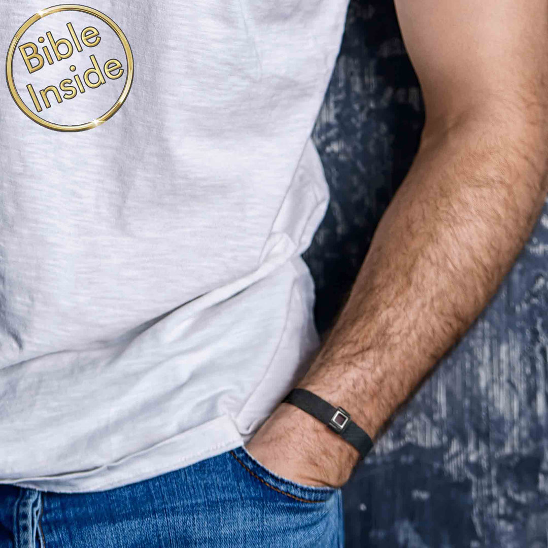 Stainless steel mini Bible bracelet featuring New Testament microchip technology