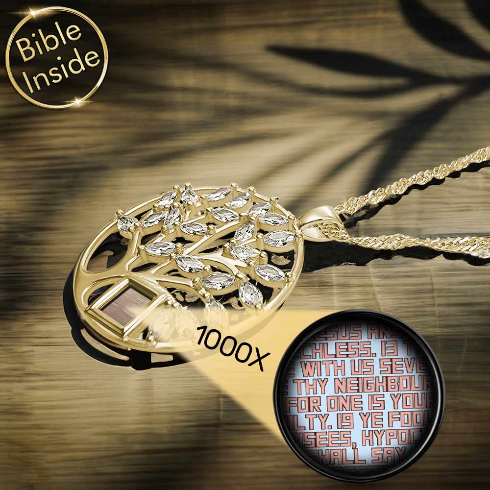 Gold tree jewelry featuring complete New Testament microchip