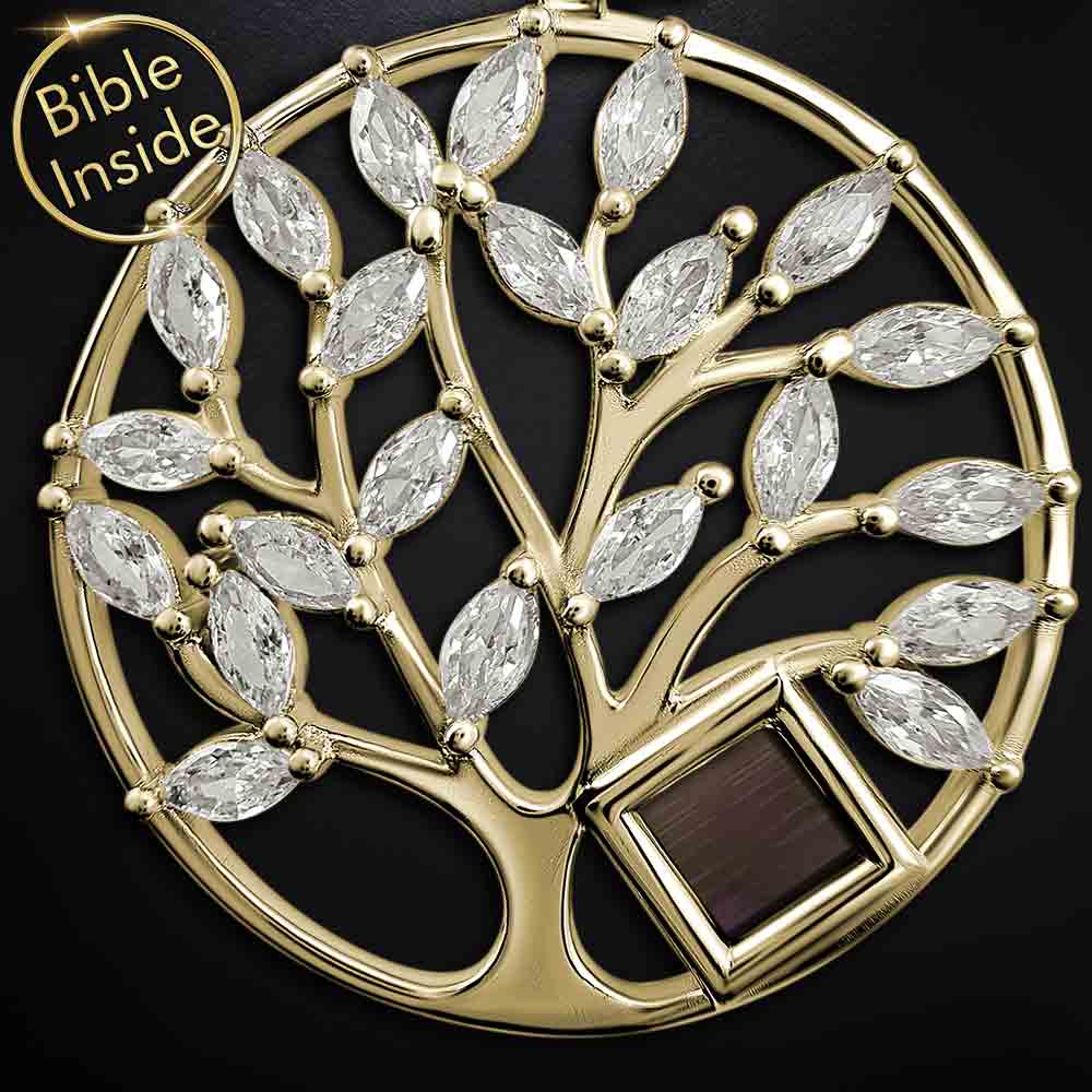 Christian tree of life necklace in gold with Biblical text