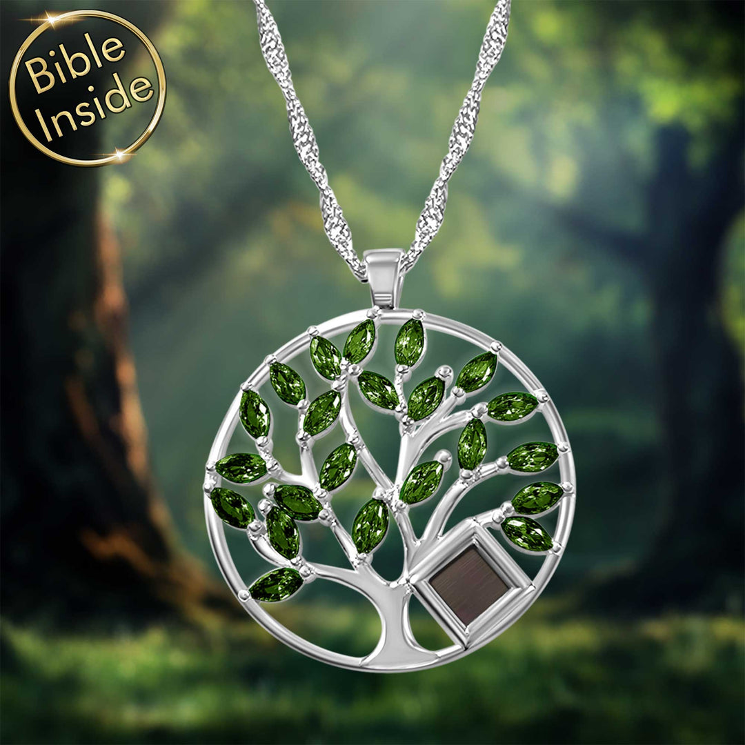 Tree of life silver necklace with New Testament scripture – faith-inspired design for women