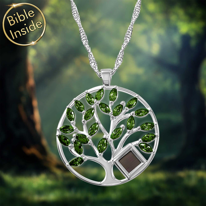 Tree of life silver necklace with New Testament scripture – faith-inspired design for women