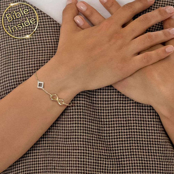 Minimalist valentines bracelet featuring micro Bible and CZ accents