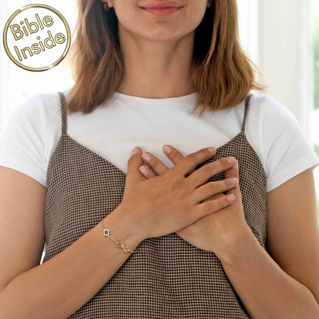 Gold rhombus bracelet valentines gift featuring miniature Bible technology