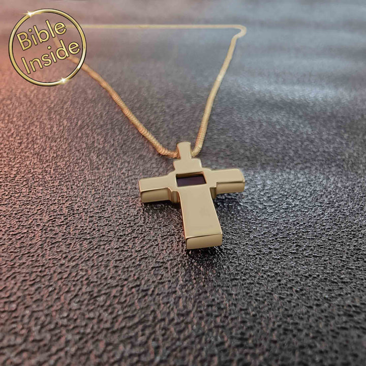 Unisex valentines necklace with simple cross and Bible inside