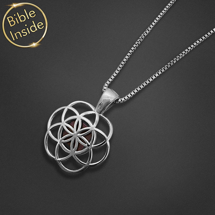 Valentines necklace for women, elegant Seed of Life design with scripture